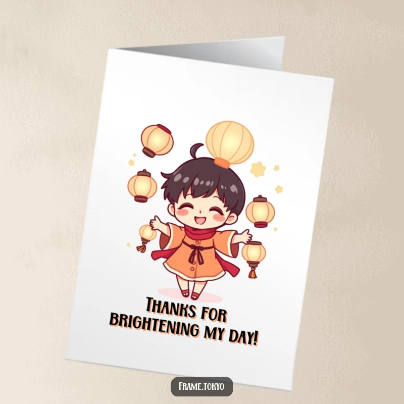 Funny Free Printable Thank You Card: A tiny character happily juggles luminous lanterns, a bright symbol of gratitude.