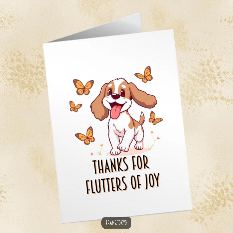 Funny Free Printable Thank You Card: A spaniel with tongue out joyfully pursues fluttering butterflies.