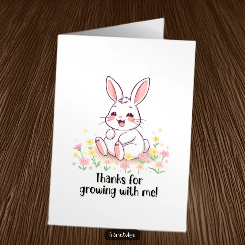 Funny Free Printable Thank You Card: A pure joy rabbit with a wide grin rolls in a meadow of tiny, softly glowing flowers.