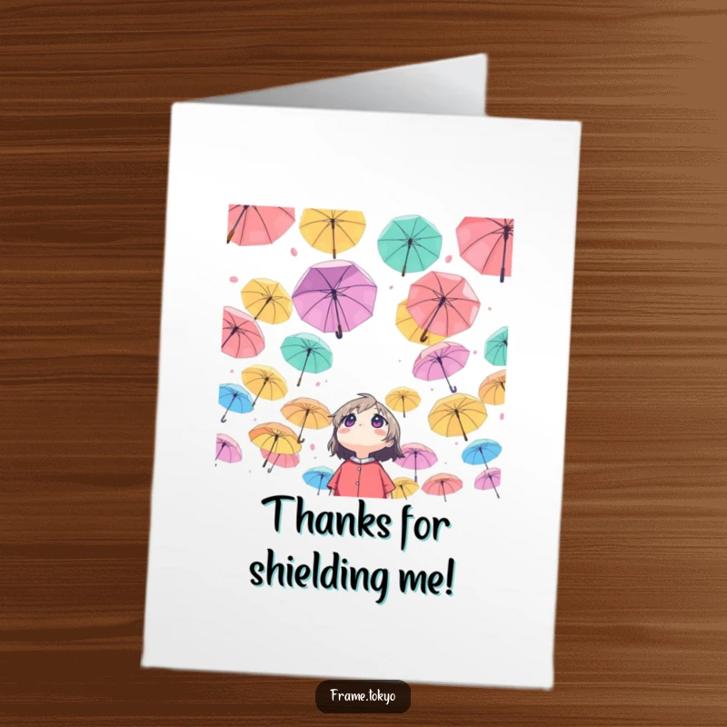 Funny Free Printable Thank You Card showing a character looking up at a sky of floating, colorful umbrellas.