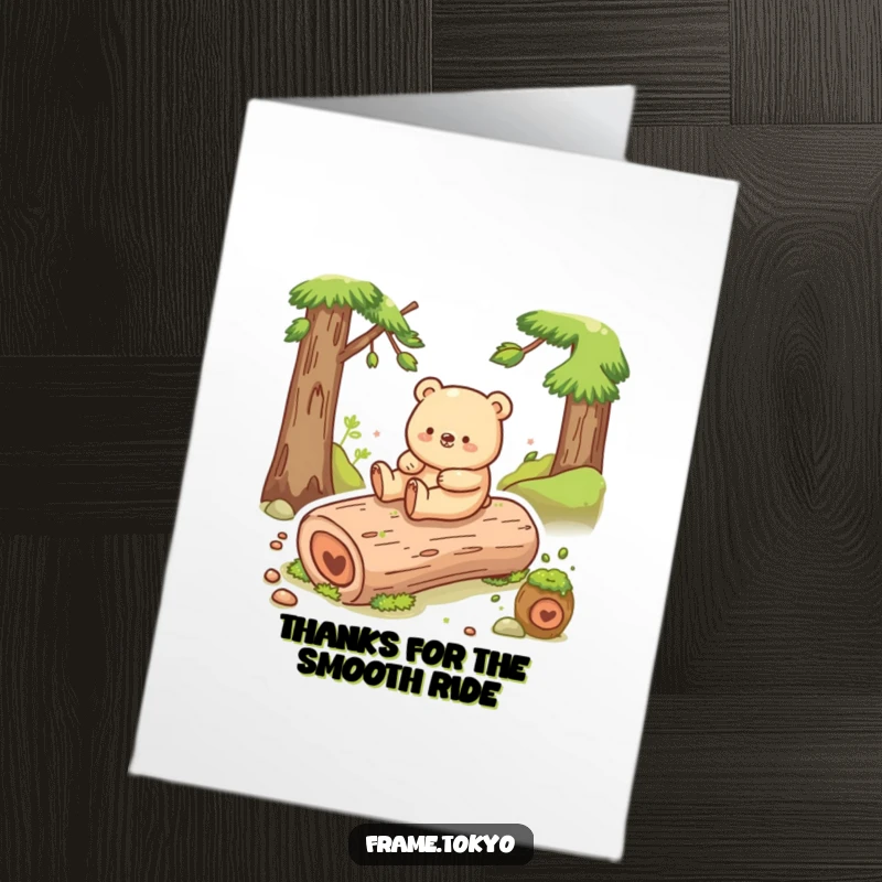 Funny Free Printable Bear Thank You Card: Happy bear shuffling and sliding down a mossy log, downloadable appreciation.