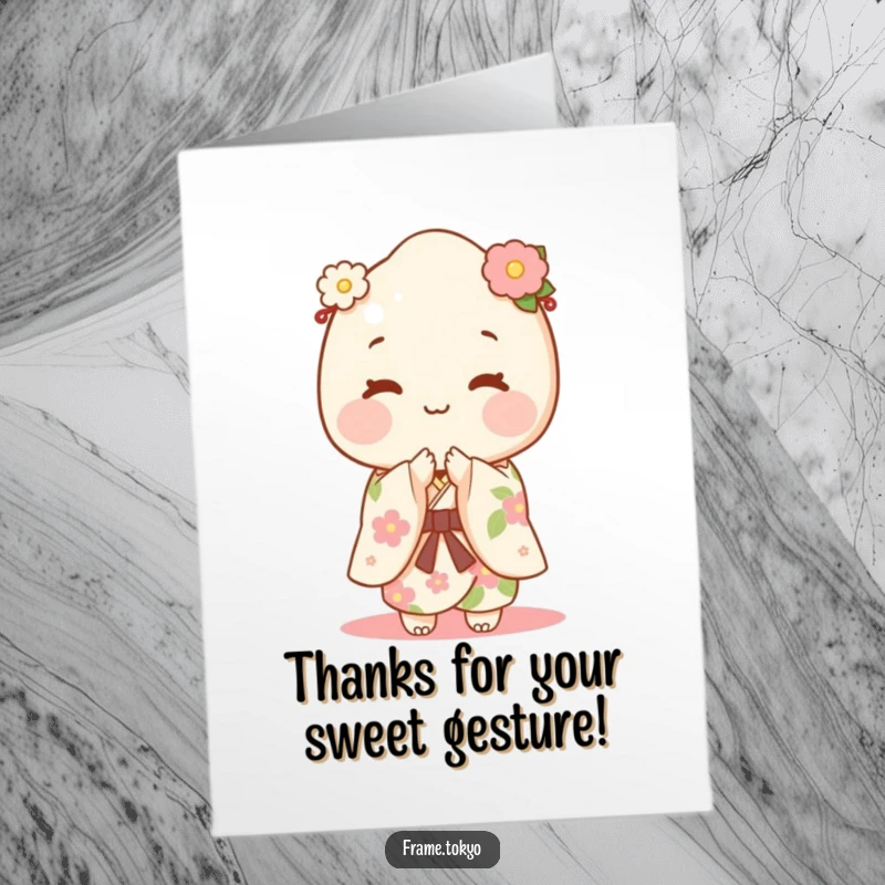 Funny Free Printable Mochi Thank You Card: Happy mochi character in floral kimono gracefully bowing to express thanks.