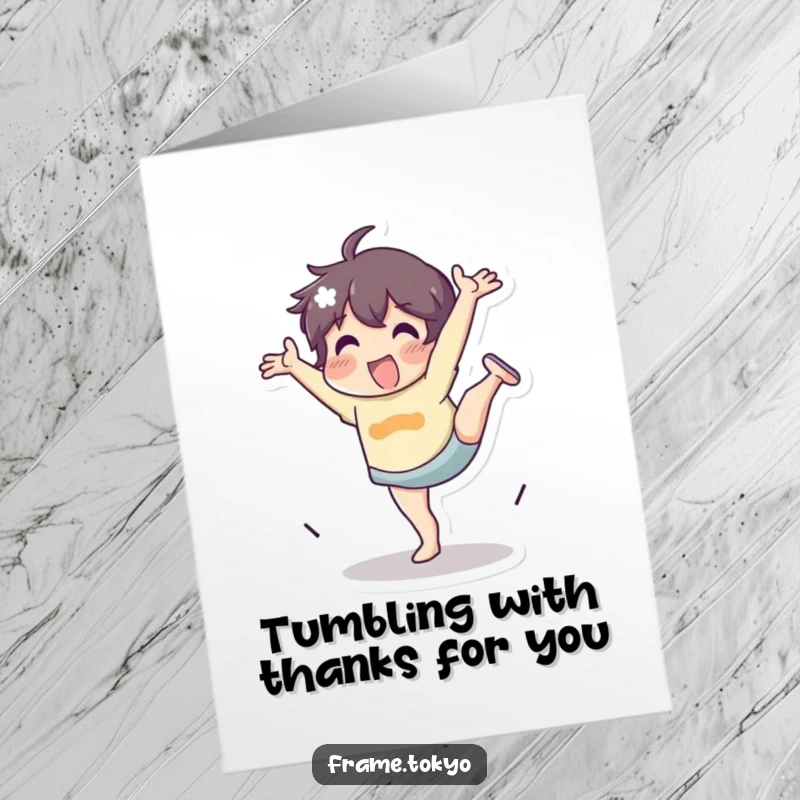 Funny Free Printable Thank You Card: Character doing a cartwheel with energetic enthusiasm, a funny way to say thanks.