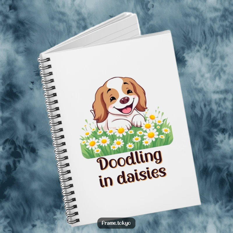 Funny Spaniel Notebook cover showing a spaniel with a big smile rolling in a field of daisies, great for note-taking.
