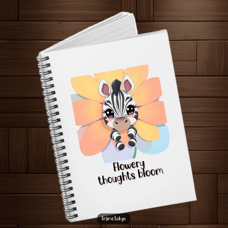 Funny zebra notebook; a curious zebra with sparkling eyes peeking around a flower, ready to capture bright ideas.