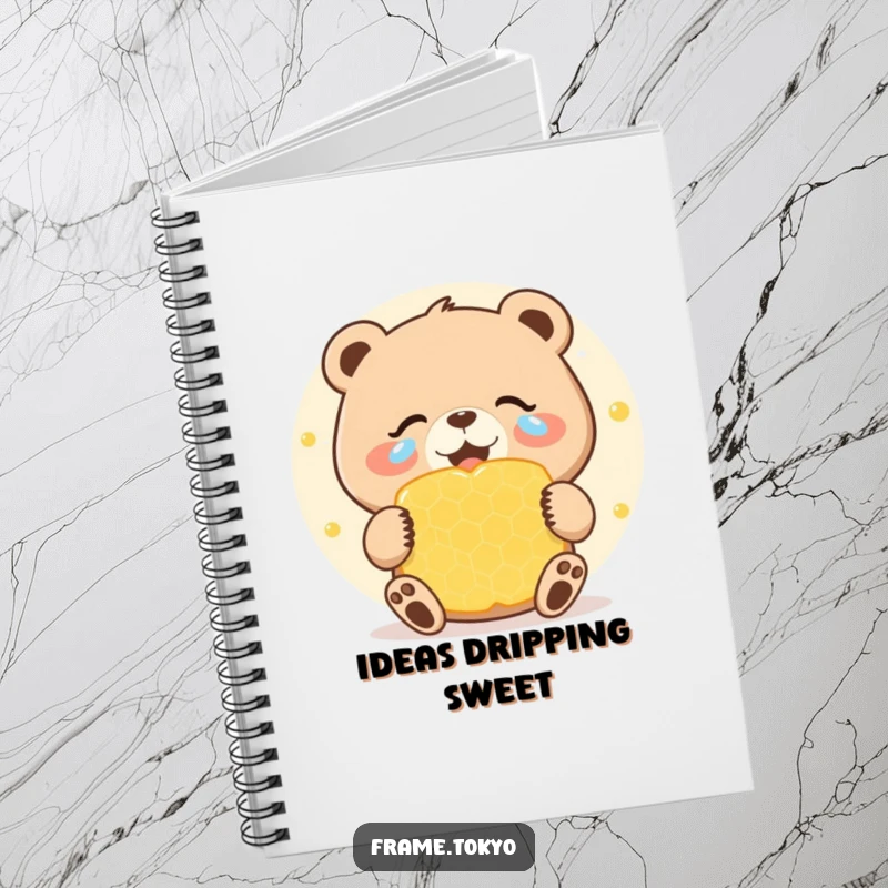 Funny notebook cover depicting a bear with joyous tears celebrating a giant, sweet honeycomb, inspiring notes with sweet humor.