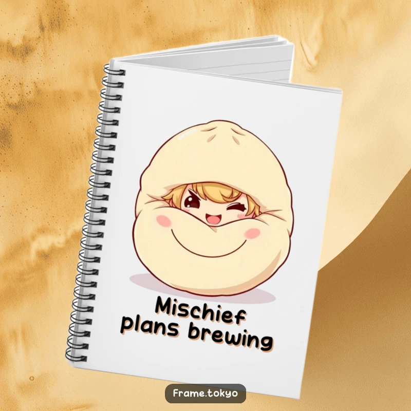 Funny dumpling sneak notebook with a character with a mischievous grin peeking from behind a giant, smiling dumpling.