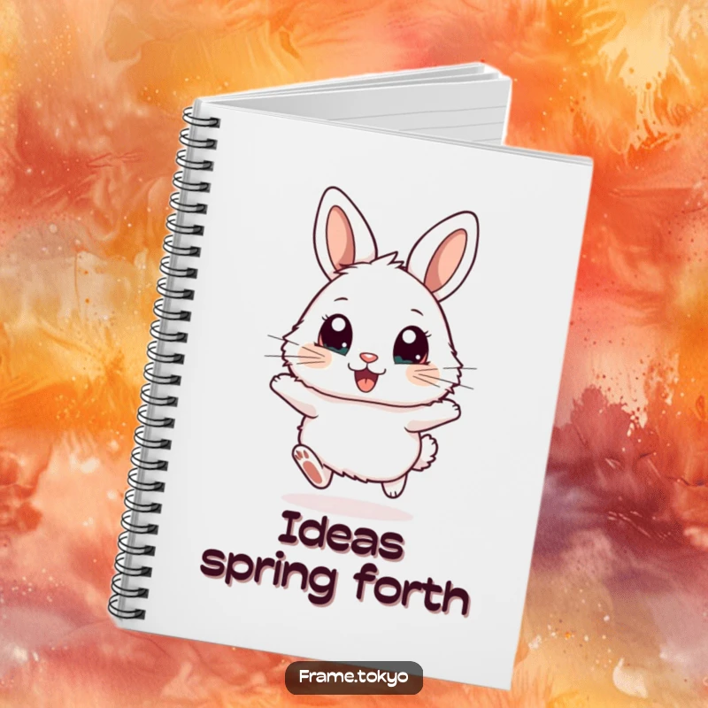 Funny notebook showcasing a fluffy rabbit with large, excited eyes, hopping energetically across the cover.