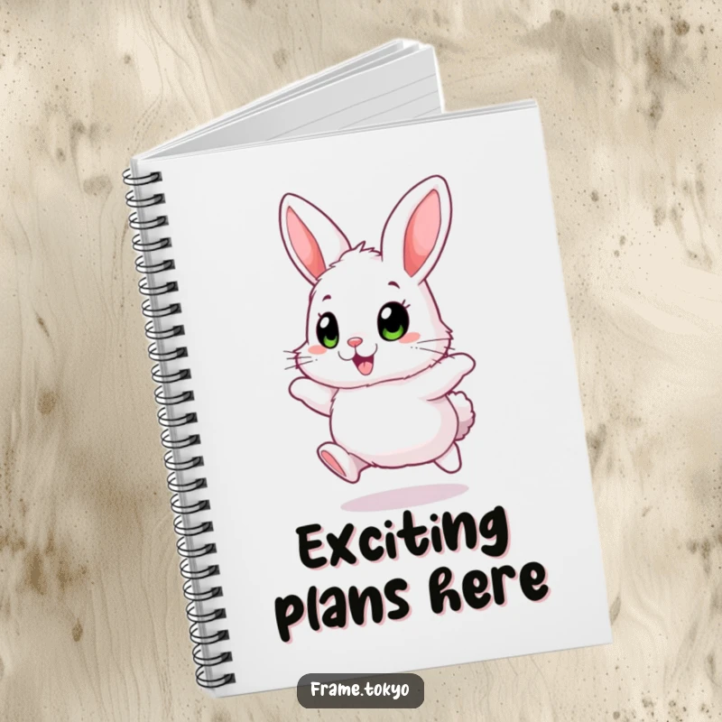 Funny Fluffy Rabbit Notebook with big, excited eyes, joyfully hopping, for cheerful and humorous note-taking.