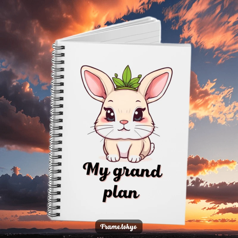 Funny Kawaii rabbit notebook with a mischievous rabbit wearing a leafy crown, ideal for capturing ideas and plans.