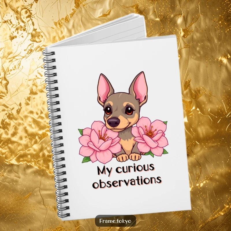 Funny pinscher notebook featuring a dog with a curious head tilt, sniffing giant, sweet-smelling flowers with gentle intrigue.