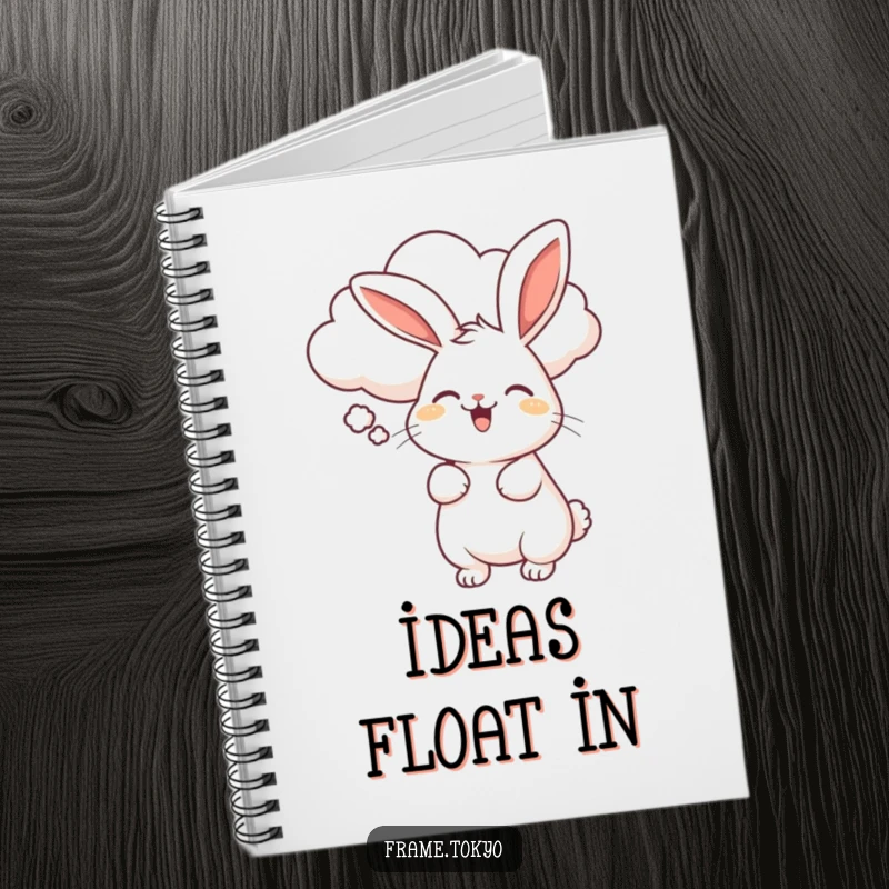 Funny notebook cover art of a rabbit doing a happy wiggle, being gently blown by a smiling, fluffy cloud.