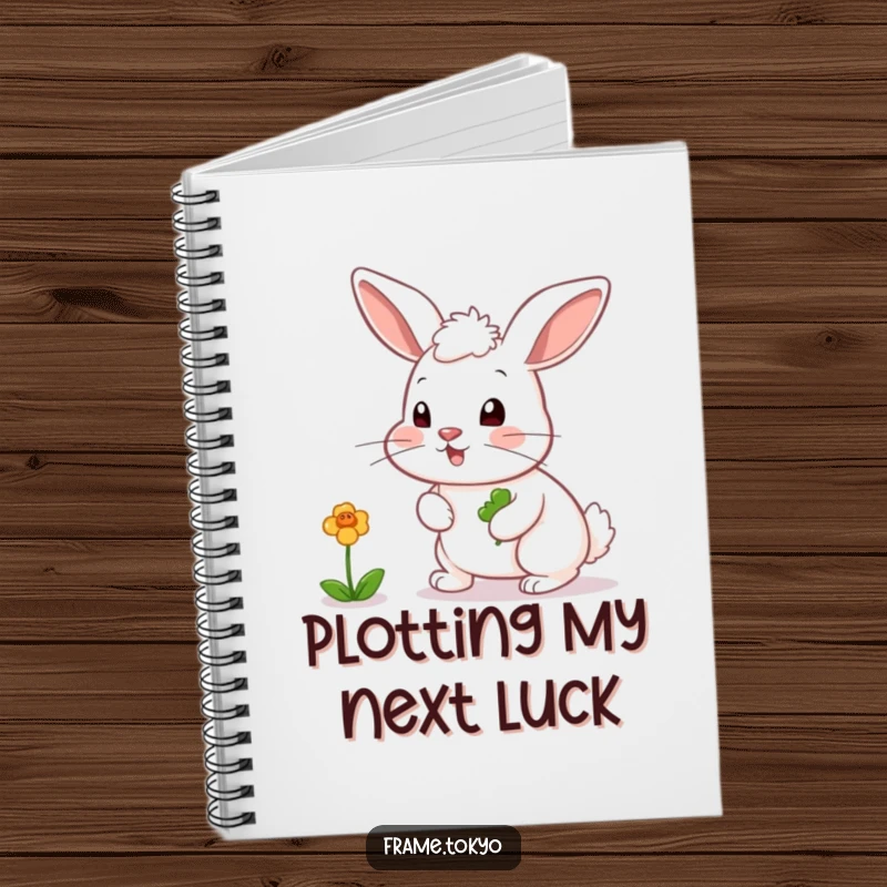 Funny notebook featuring a rabbit with a twitching nose, playfully chasing a bouncing, colorful clover.