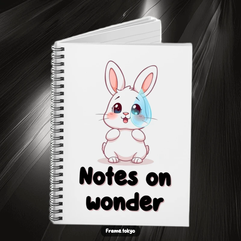 Funny notebook featuring a rabbit with a surprised expression looking at a large, floating dewdrop, perfect for journaling.