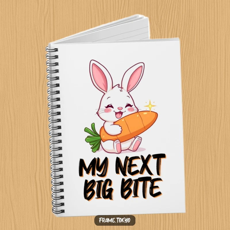 Funny notebook featuring a smiling rabbit with long ears, happily nibbling on a large, sparkling carrot.
