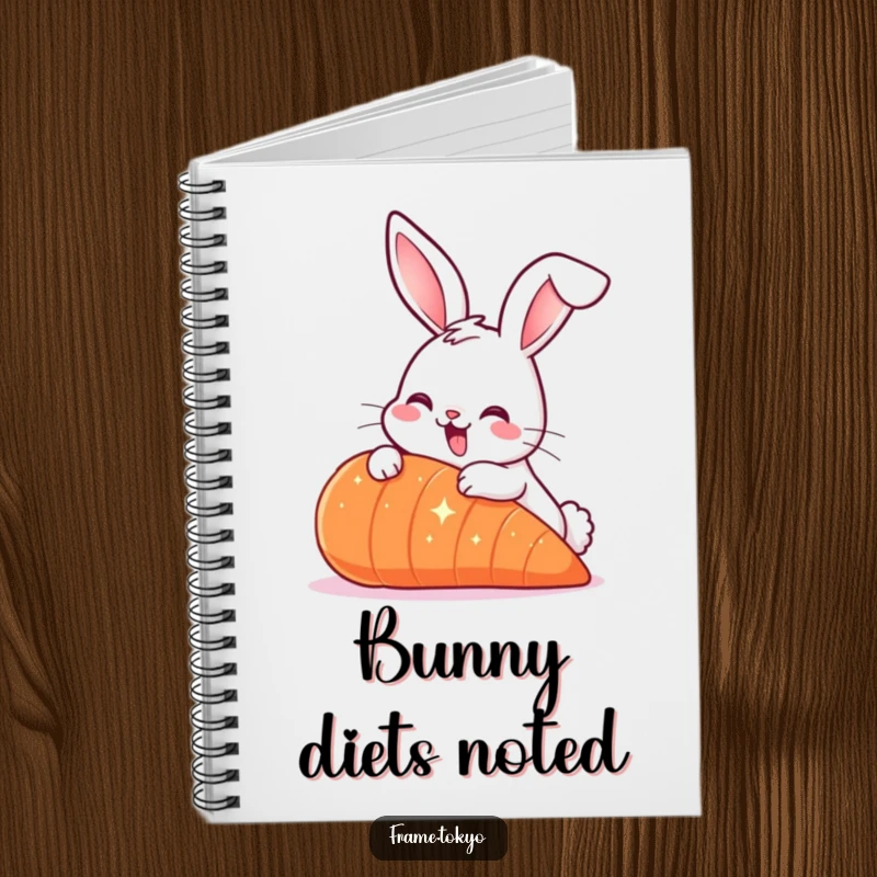Funny Smiling Rabbit Notebook with long ears, nibbling a giant sparkling carrot, for whimsical and humorous note-taking.