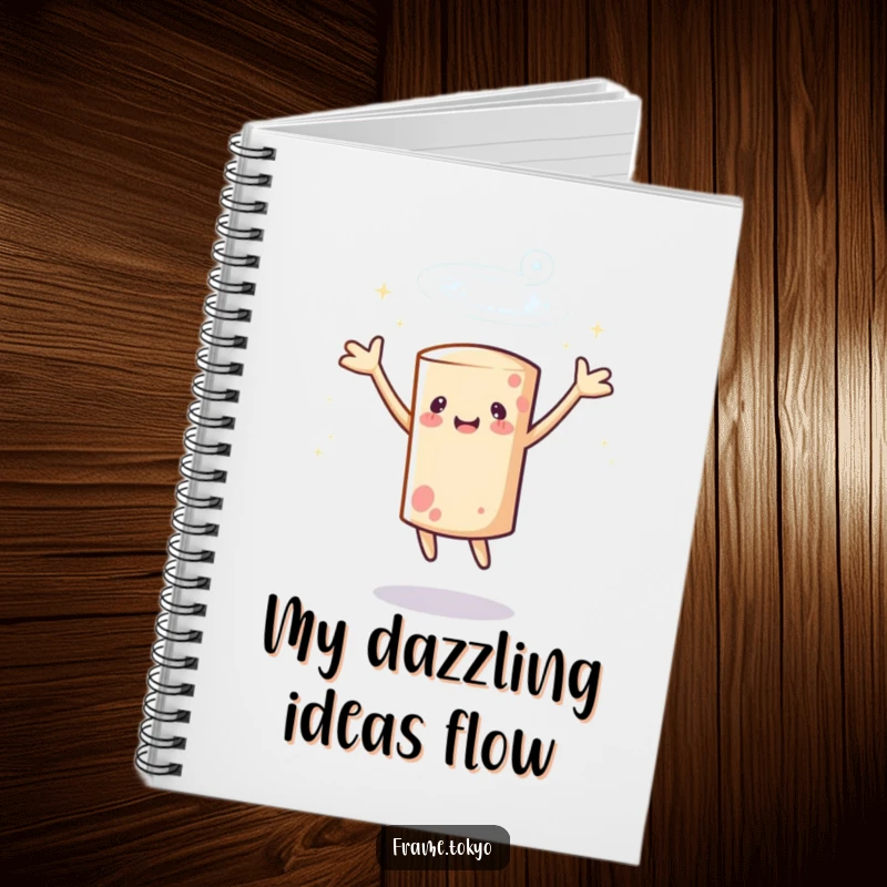 Funny cylindrical character notebook spinning with arms outstretched, surrounded by a halo of sparkles, perfect for jotting down creative ideas.
