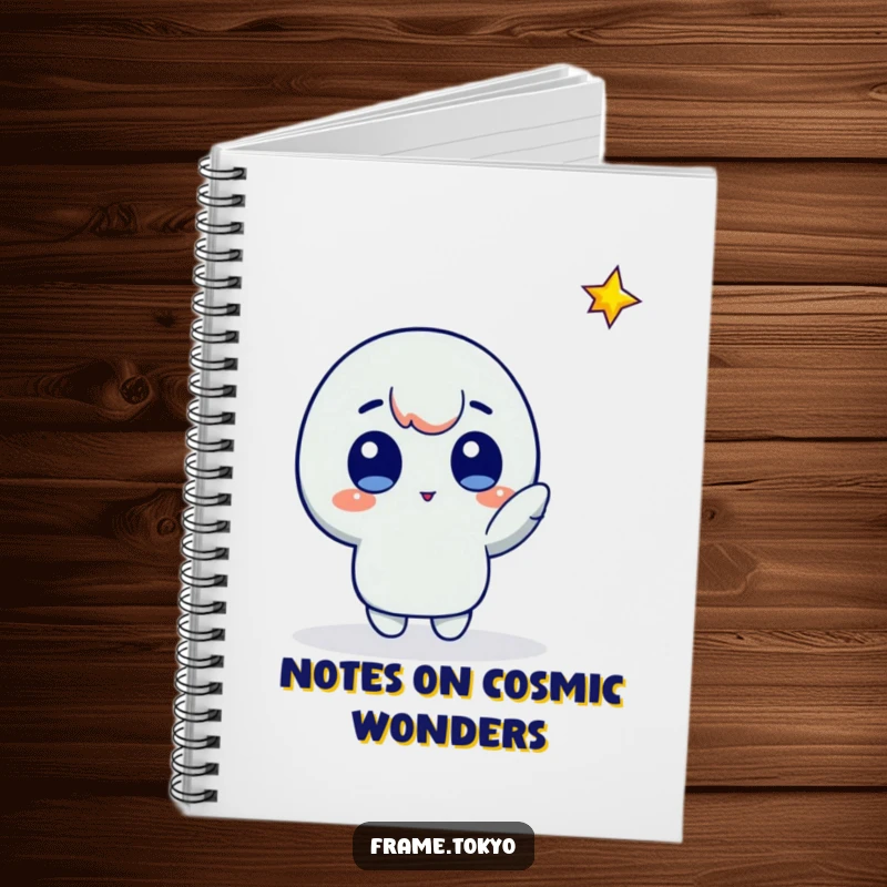 Funny star gazer notebook with a character with wide eyes pointing at a bright falling star, perfect for notes.