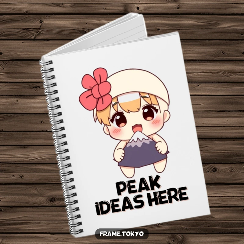 Funny notebook with a surprised character holding a miniature Mount Fuji, great for jotting notes with humorous and travel-themed flair.