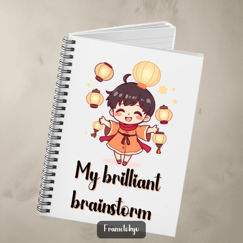 Funny tiny juggler notebook with a joyful character juggling bright glowing lanterns, perfect for capturing ideas.