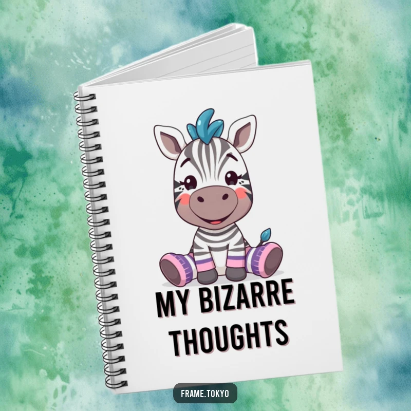 Funny zebra with a silly grin, wearing oversized, mismatched socks, featured on a hilarious notebook.