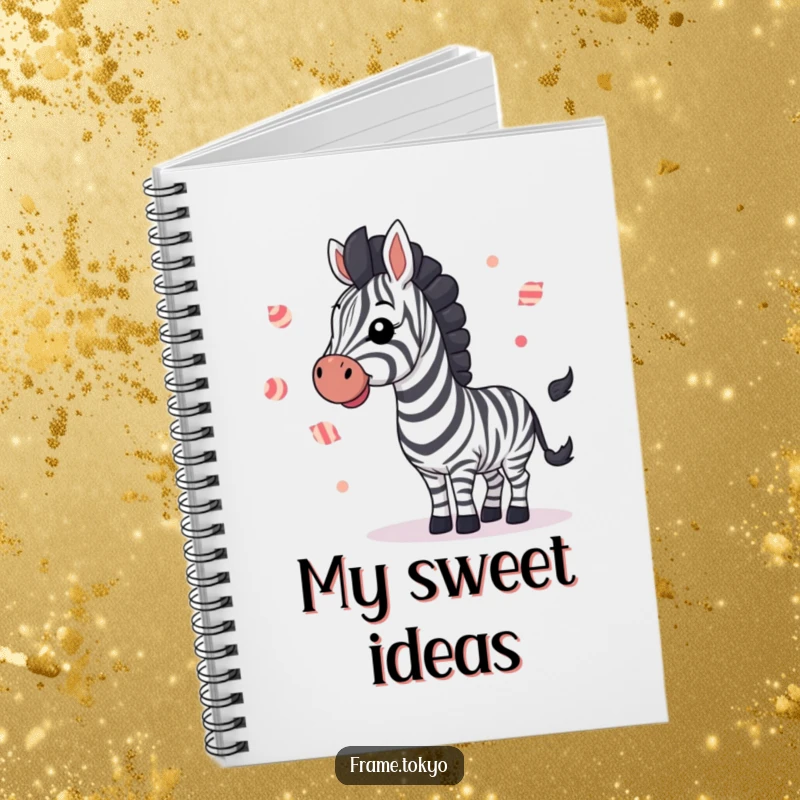 Funny zebra joyfully waving while juggling small striped candies, featured on a fun and hilarious notebook.