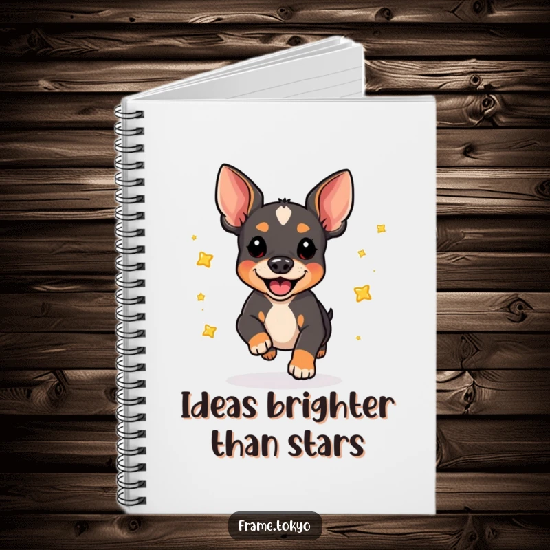 Funny pinscher dog notebook cover, mid-pounce, scattering little, shiny stars. Inspires playful note-taking.
