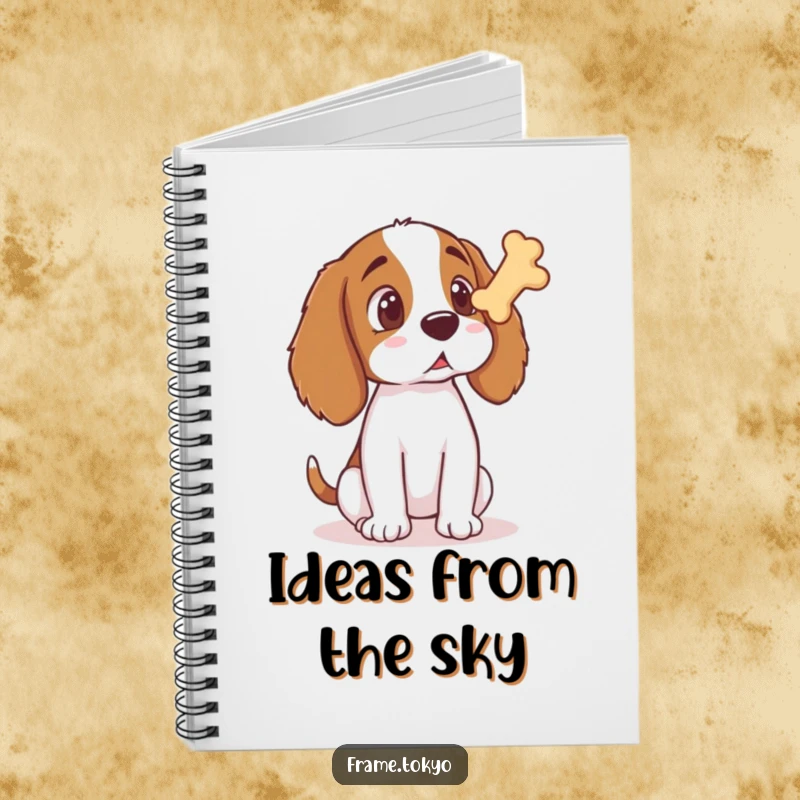 Funny Spaniel Notebook cover with a spaniel's shocked face staring at a floating bone treat, for jotting notes with humor.