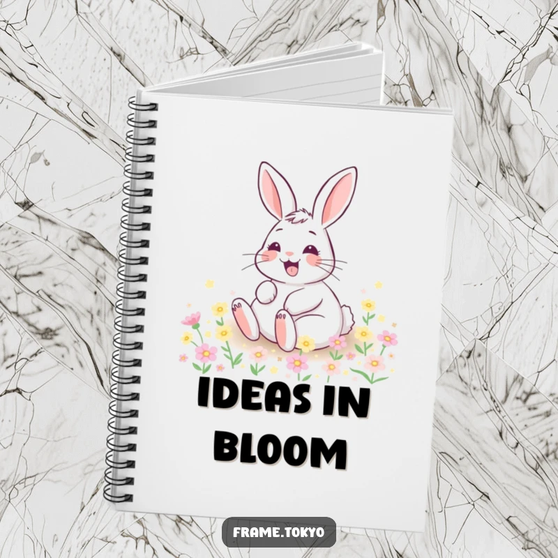 Funny notebook featuring a happy rabbit with a wide grin, rolling in a field of tiny, glowing flowers, perfect for writing.