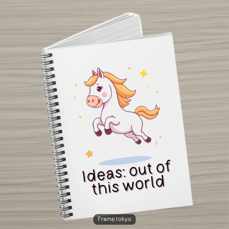 Funny horse notebook with a horse in a big, happy jump with abstract stars scattering, inspiring creativity.