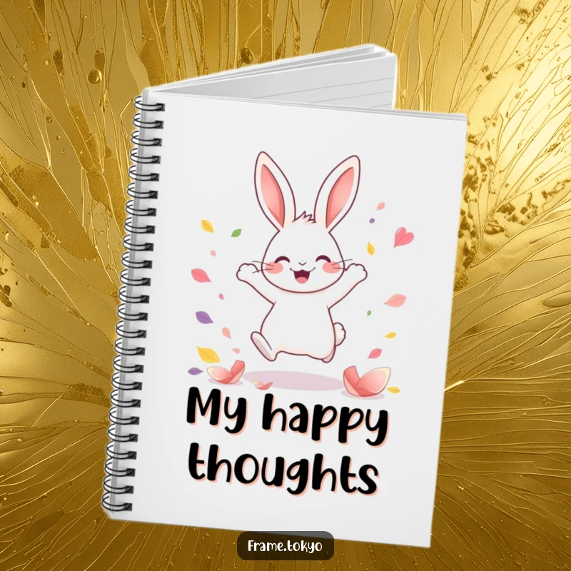 Funny Kawaii rabbit notebook with a joyful rabbit leaping through colorful petals, ideal for capturing ideas and thoughts.