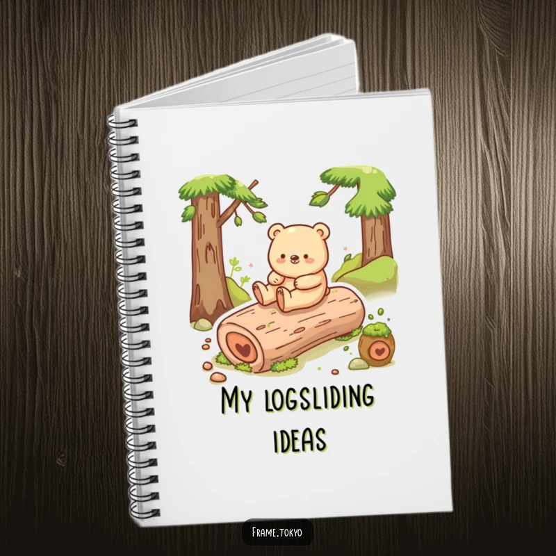 Funny bear notebook showing a happy bear sliding down a mossy log, ideal for jotting down joyful ideas.