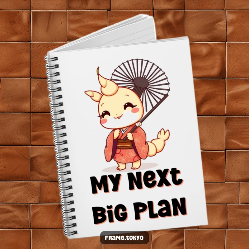 Funny kawaii tempura shrimp in a patterned kimono peeking from behind a fan, inside a cute notebook for writing.