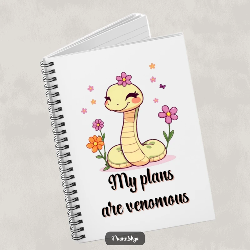Funny notebook featuring a winking snake artistically juggling a vibrant collection of small, cheerful flowers.