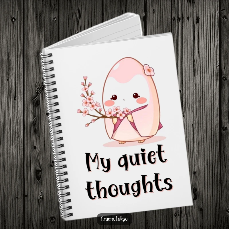 Shy onigiri in a kimono holding cherry blossoms, inspiring quiet creativity on this cute notebook cover.