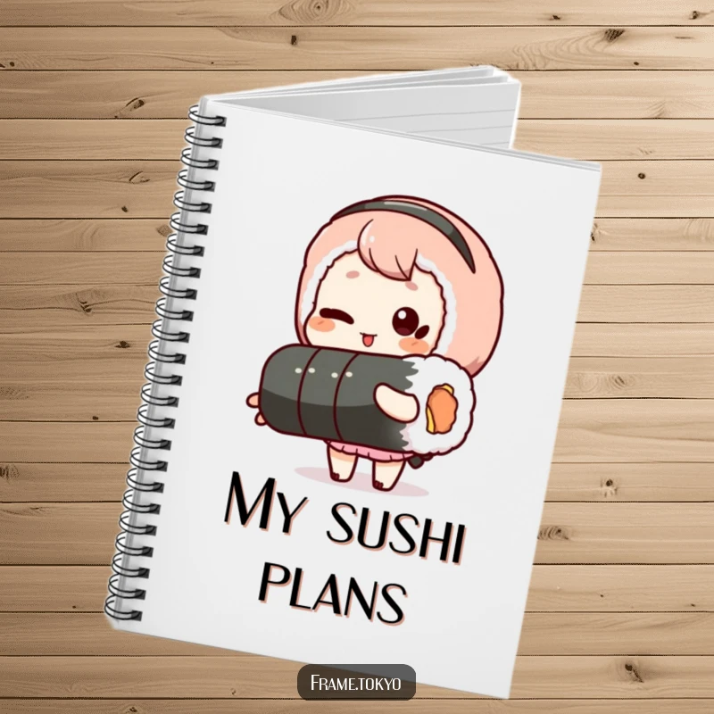 Funny notebook featuring a winking character holding a long sushi roll, great for jotting notes with humorous and foodie flair.