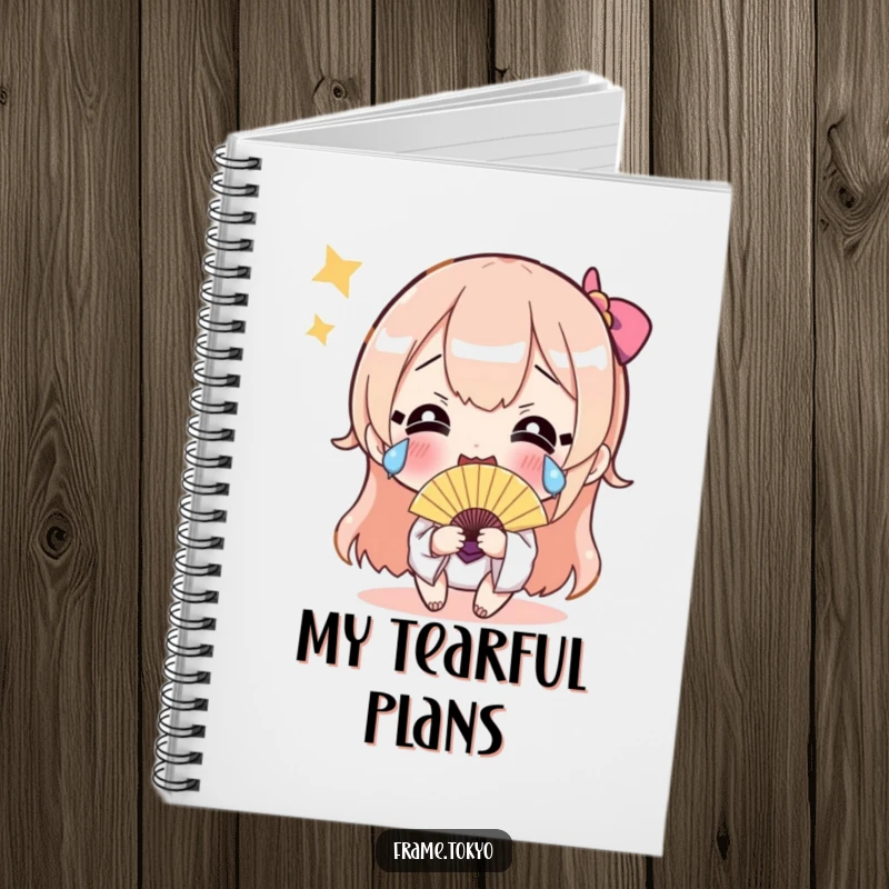 Funny notebook with a character crying happy tears and holding a shimmering fan, great for jotting notes with humorous and celebratory flair.