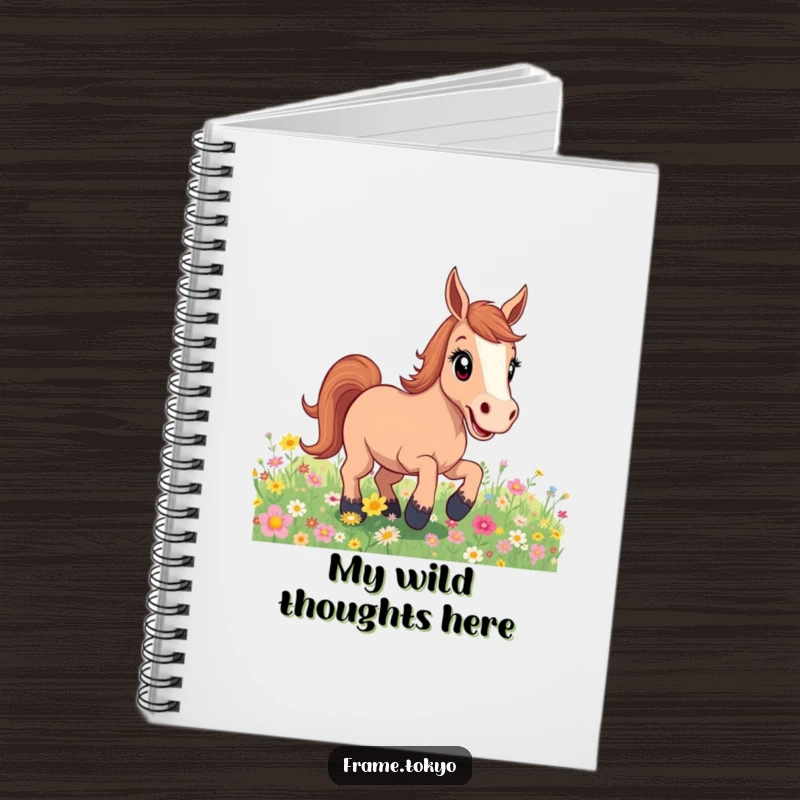 Funny excited horse flower field notebook, designed for capturing thoughts and sparking joy with its depiction of exuberant equine freedom.