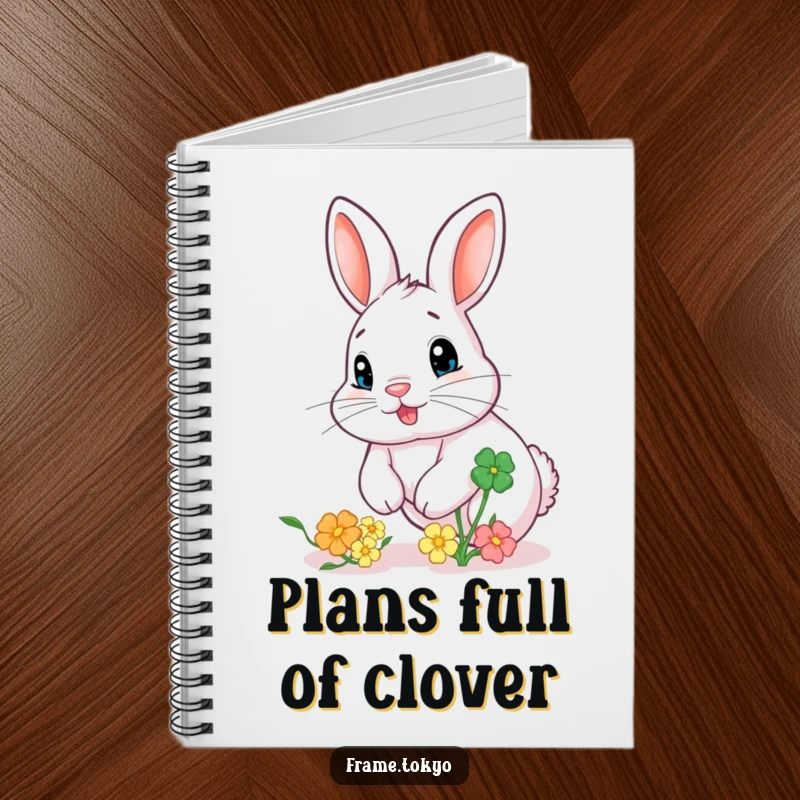 Funny notebook featuring a rabbit with a twitching nose, chasing a bouncing, colorful clover, perfect for note-taking.