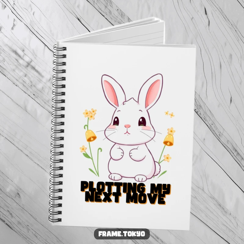 Funny notebook cover art depicting a rabbit with perked ears, listening to the subtle chime of tiny, bell-shaped flowers.