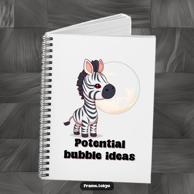 Funny zebra notebook, curious head tilt, sniffing a giant transparent bubble, ideal for capturing notes and whimsical ideas.
