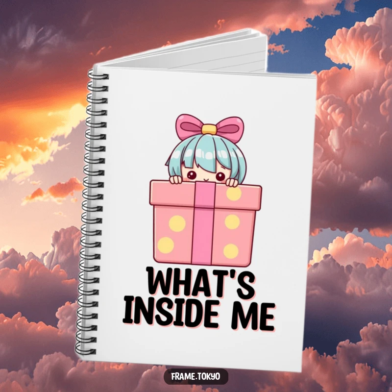 Funny Notebook with a character peeking from behind a gift box on the cover, perfect for jotting down ideas and secrets.