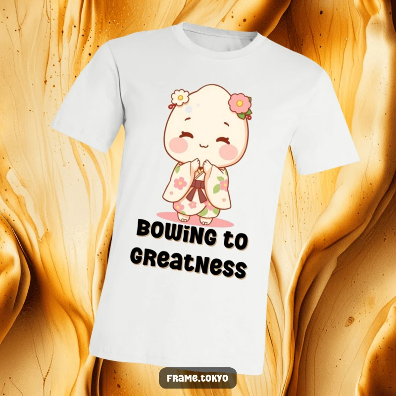 Happy mochi character dressed in a floral kimono, depicted mid-bow with a friendly smile.