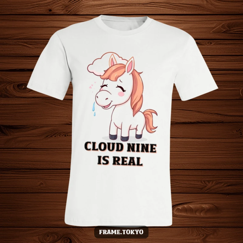 Funny horse t-shirt depicting a joyful horse with tears of happiness, its mane playfully tousled by a friendly, smiling cloud.