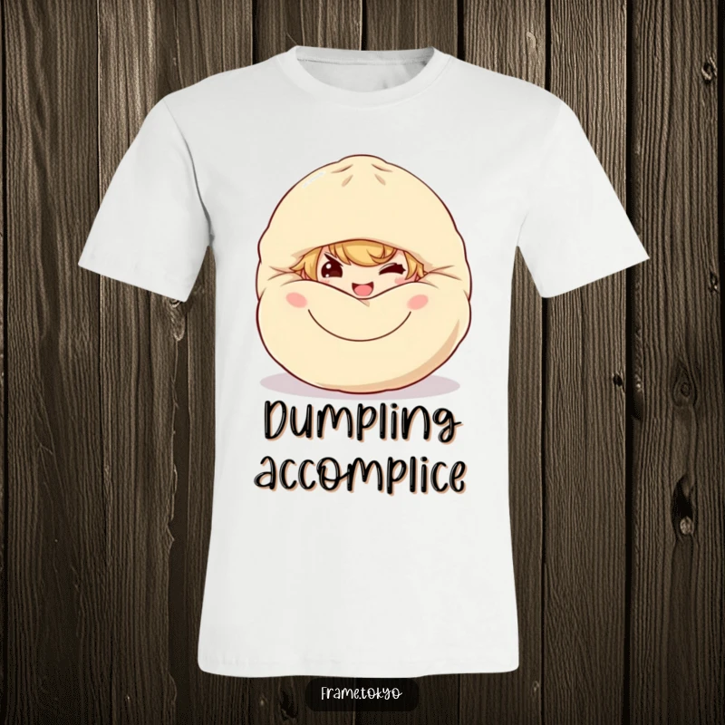 Funny dumpling sneak t-shirt showing a character with a mischievous grin peeking from behind a giant smiling dumpling.