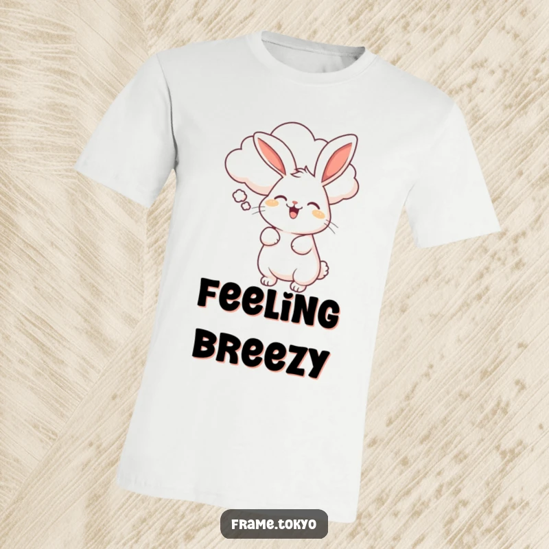 Funny t-shirt graphic of a rabbit wiggling with delight, being gently propelled by a smiling, plush cloud.