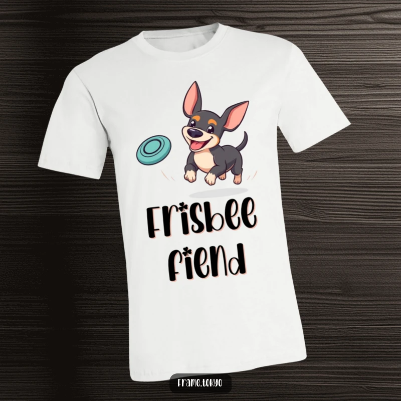 Funny pinscher t-shirt depicting a dog with a goofy grin playfully chasing a bouncing mini frisbee, embodying outdoor fun.