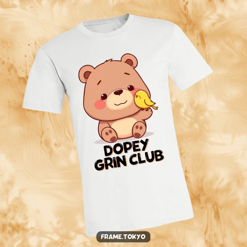 Funny t-shirt depicting a dopey-smiling bear receiving a gentle nudge from a cute, smiling bird, highlighting a moment of sweet, funny connection.