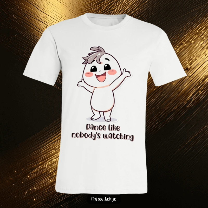 Funny t-shirt displaying a character with an enormous smile, striking a ludicrously silly dance pose with exuberant energy.