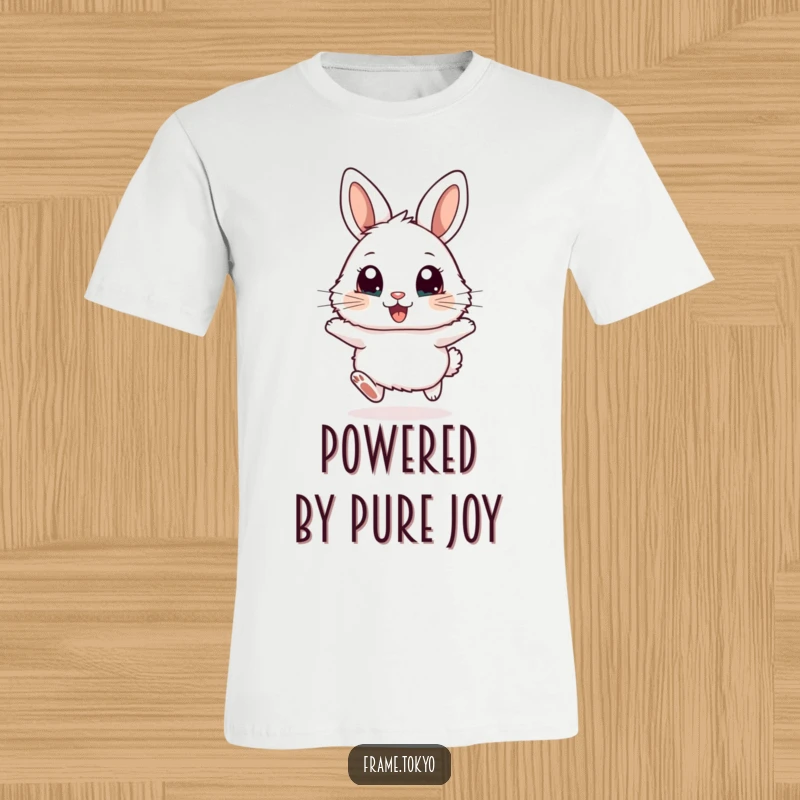 Funny t-shirt depicting a fluffy rabbit with large, excited eyes, joyfully hopping with boundless energy.